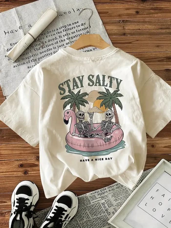 T-shirt pour femme Graphic Stay Salty Skull Beach 100% coton