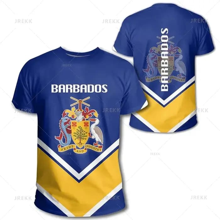 T-shirt manches courtes, streetwear à la mode avec impression 3D de carte nationale de la Barbade, b
