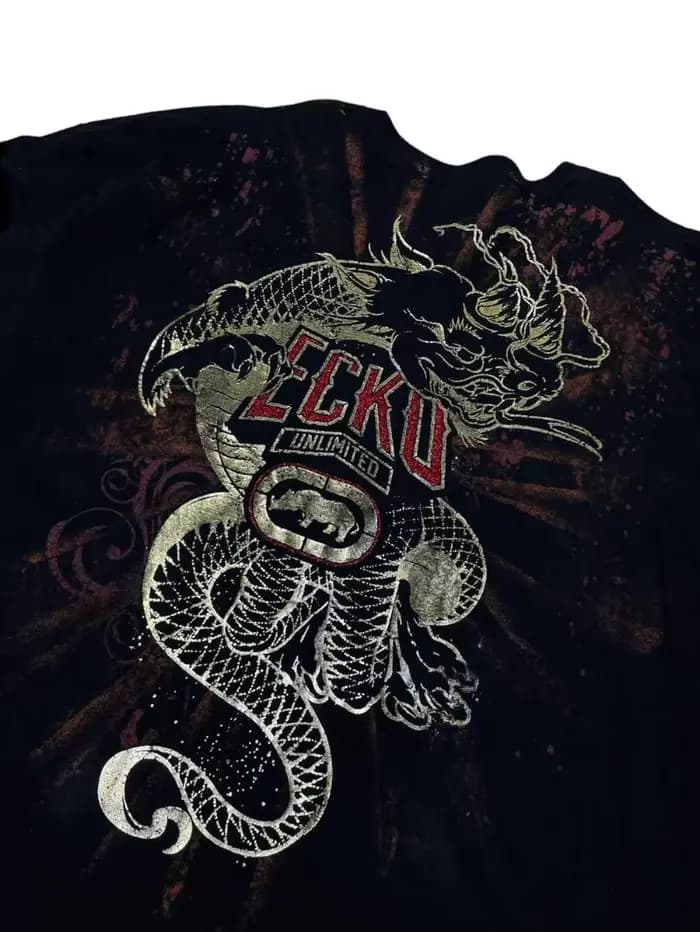 Ecko en détresse métallique Dragon graphique lavé rétro haute rue t-shirt urbain Streetwear mode porter unisexe manches courtes