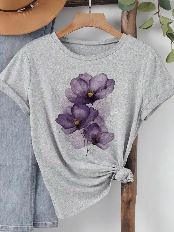 T-shirt femme violet aquarelle fleurs imprimé T petit haut filles Y2k vêtements été à manches courtes t-shirts