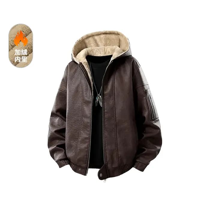 Veste en cuir à capuche décontractée pour hommes