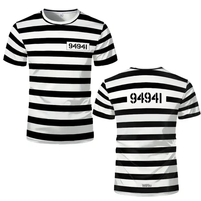 Abstract Prison uniforme style rayé imprimé T-shirt drôle jeu de rôle à manches courtes haut unisex humoristique personnalisé vêtements de rue