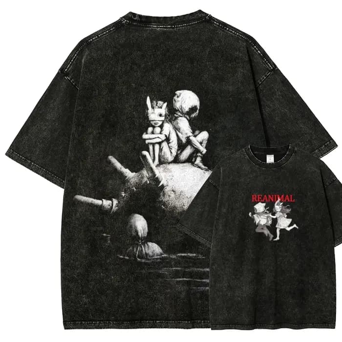 T-shirt délavé REANIMAL pour les amateurs d'anime, vêtements de caractère pour toute l'année, grande