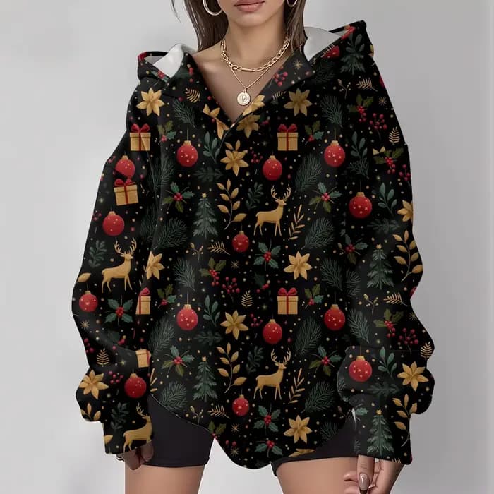 Sweat à capuche surdimensionné décontracté pour femme, pull à motif de flocon de neige avec col raba