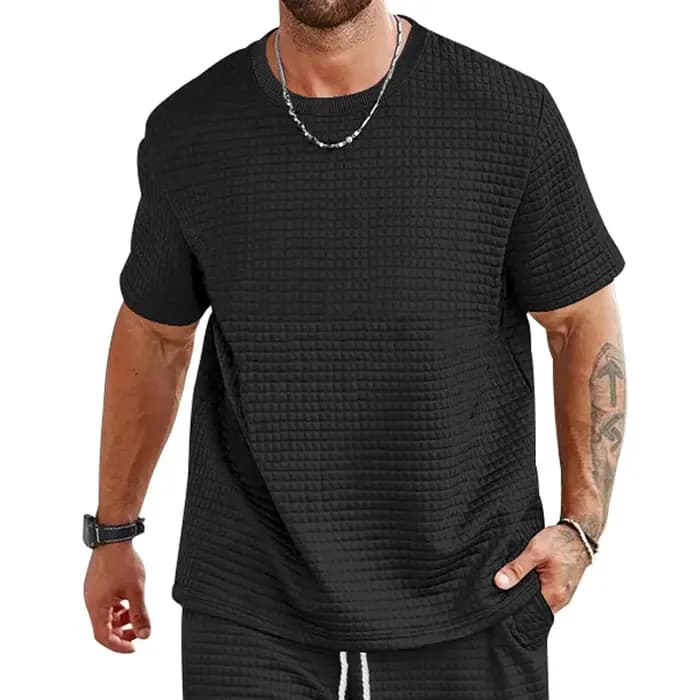 Nouveau T-shirt à manches courtes uni à col rond et petits carreaux pour homme