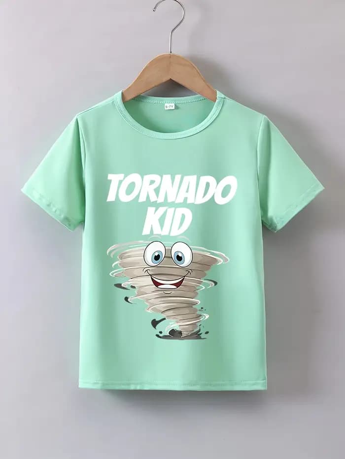 T-shirt décontracté d'été pour garçons, imprimé "Tornado Kid", col rond, manches courtes, tee-shirt pour enfants