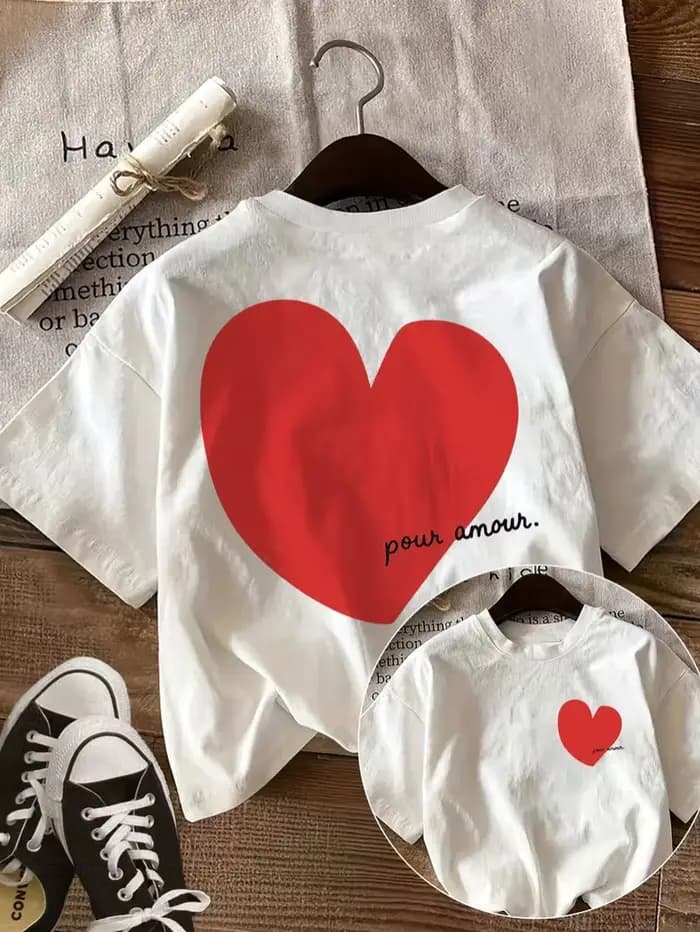 T-shirt pour femme à imprimé cœur large 'Pour Amour', style streetwear décontracté, pour le quotidie