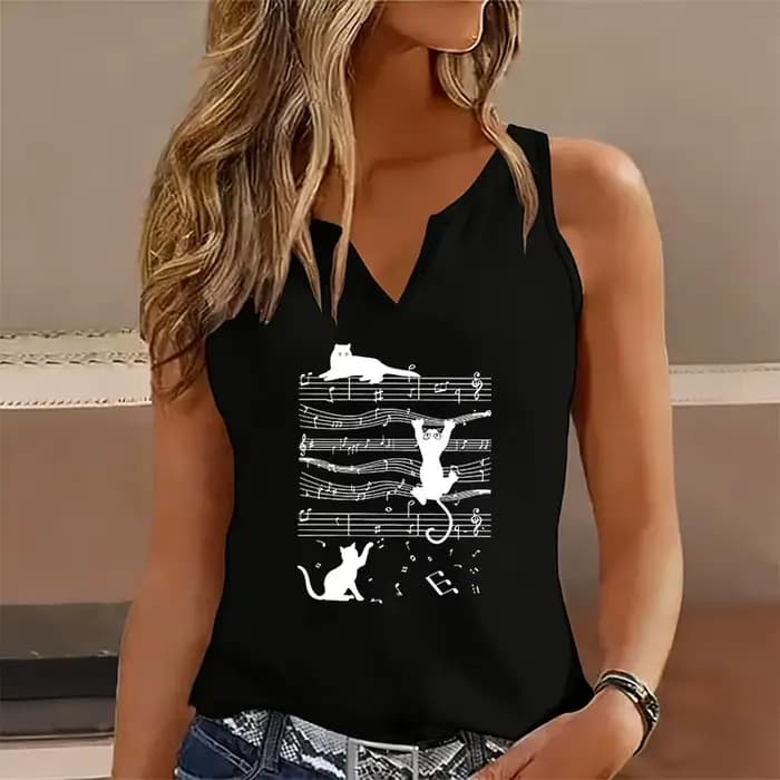 Débardeur sans manches col en V décontracté avec motif chat musical amusant pour femme, T-shirt à ma