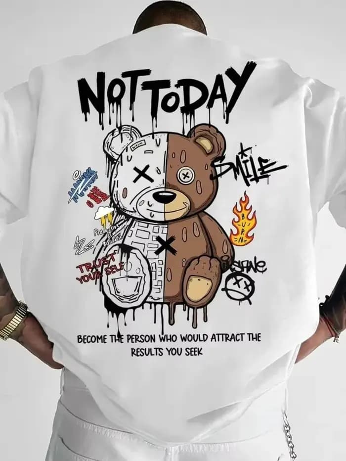T-shirt graphique Not Today Graffiti Teddy Bear pour homme, respirant, 100% coton, parfait pour l'ét