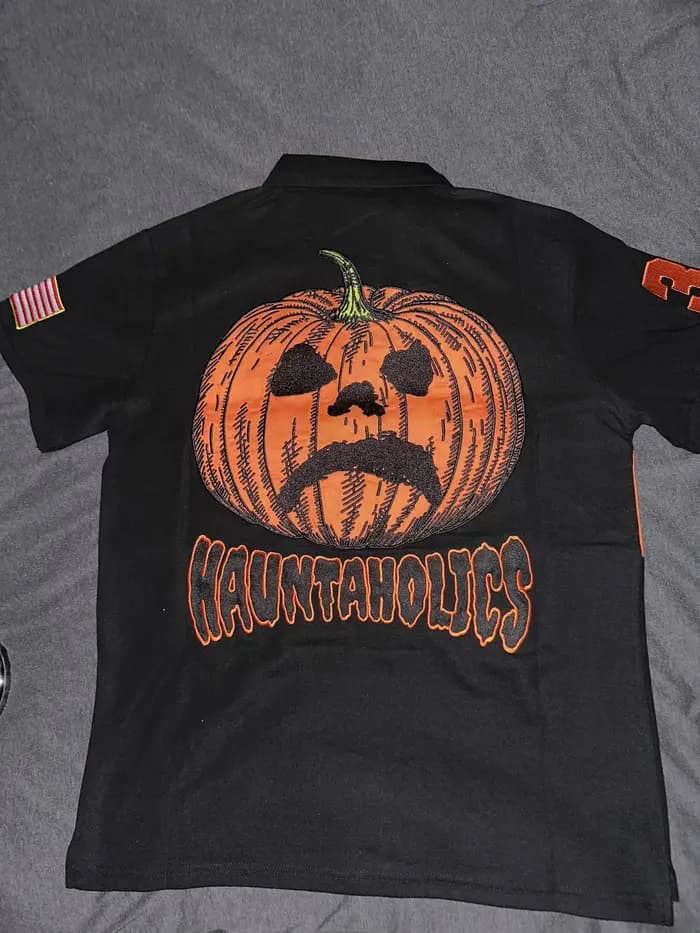 Polo noir HAUNT-O-HOLICS Y2k America rétro rue Hip Hop chemise à manches courtes motif citrouille broderie Baseball t-shirts