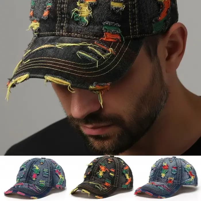 Casquette de baseball rétro en jean avec lignes colorées, style déchiré réglable, visière, pour homme et femme, streetwear d'extérieur