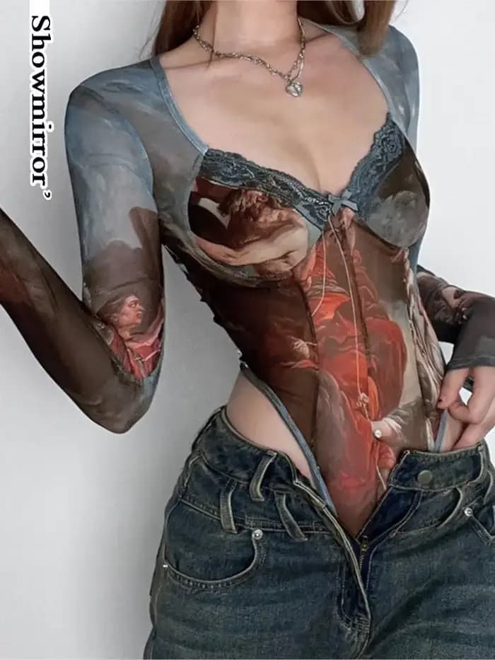 Body imprimé gothique sexy pour femmes, vêtements d'été y2k, hauts pour femmes, fairycore, body de f