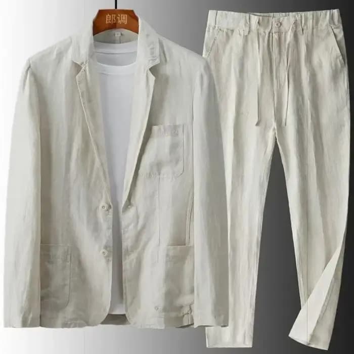 Ensemble décontracté homme printemps-été en coton et lin, deux pièces : veste blazer + pantalon, ten