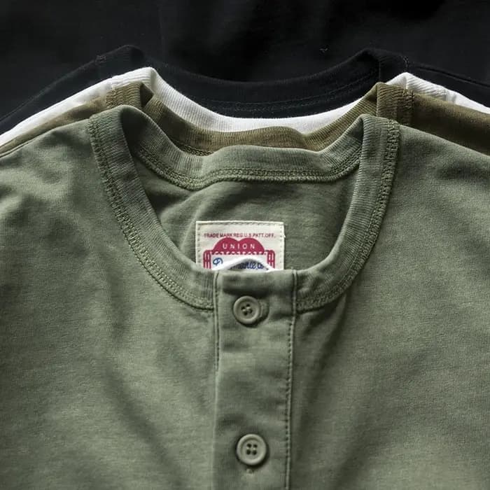 Amekaji élégant Vintage Americana Henley t-shirt-260gsm coton lavé chemise à manches courtes été en détresse Style décontracté
