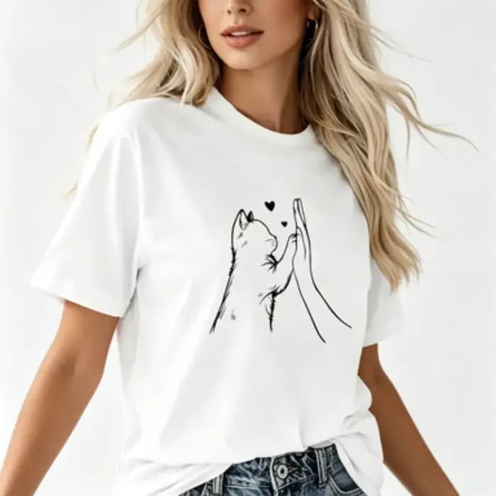 T-shirt, T-shirt graphique avec motif de chat mignon et de main en forme de cœur