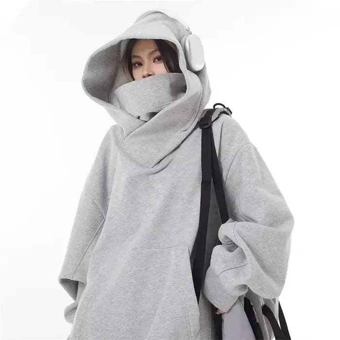 Sweat à capuche à col roulé pour hommes, couleur unie, Ninja, Y2K, Vintage, polaire, Hip Hop, Streetwear japonais, surdimensionné, automne