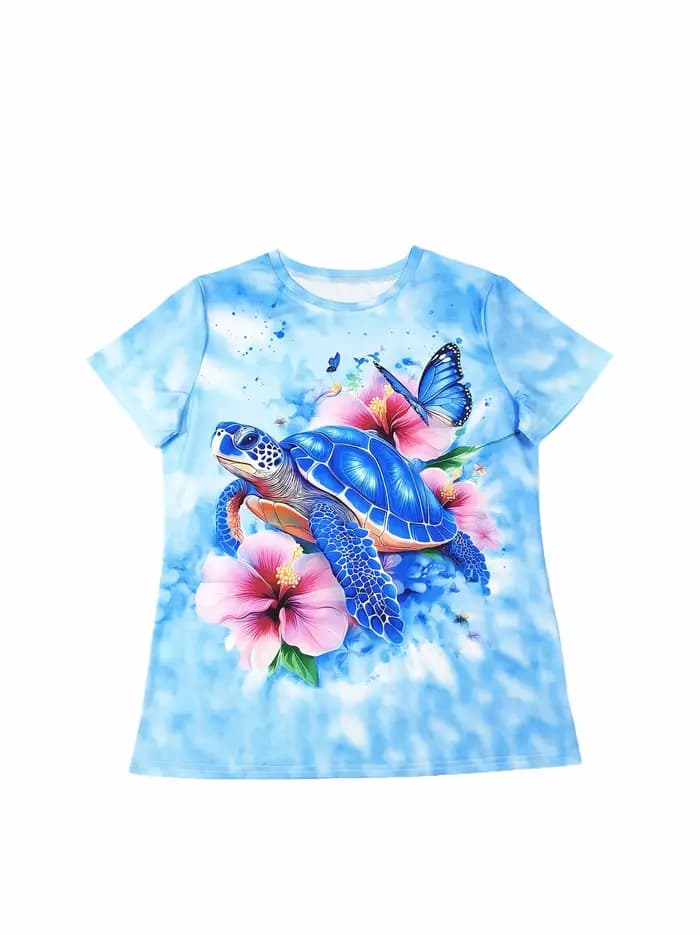 T-shirt bleu clair pour femme - Imprimé tortue bleue et hibiscus