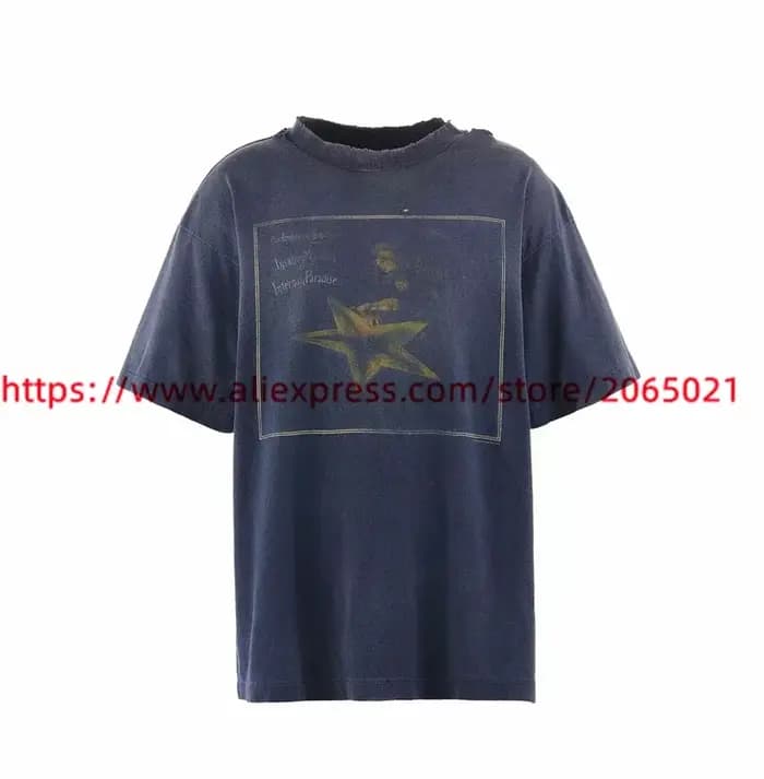 T-Shirt Bleu Délavé Vintage pour Homme et Femme, de Haute Qualité