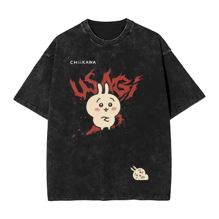 T-shirt délavé Kawaii Chiikawas, motif mascotte japonaise mignonne, style Hip Hop Vintage, Streetwea