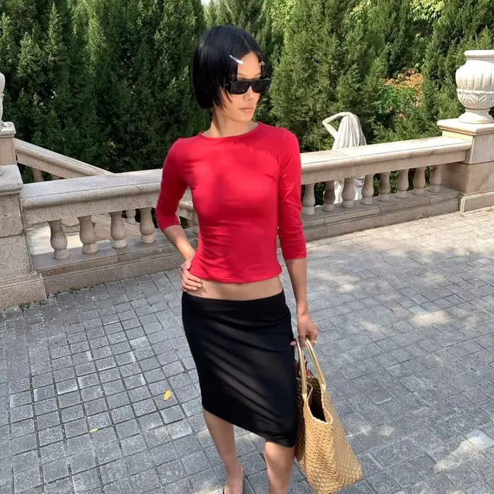 Débardeur rouge cerise T-shirt à manches longues serré multicolore couche de base haute élasticité haut cleanfit