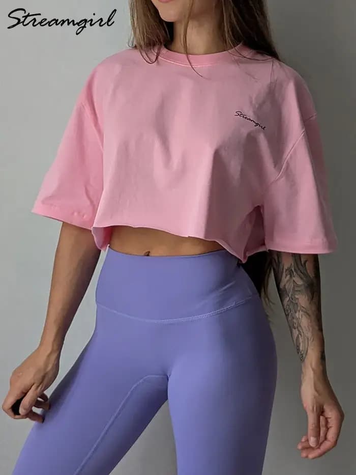 Blanc coton culture t-shirts pour femmes coupe ample été Sexy Baggy haut court t-shirt à manches courtes surdimensionné