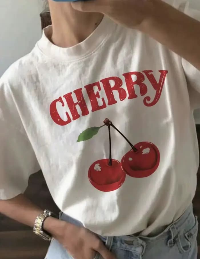 Cerise imprimé femmes mode T-Shirt haut col en o t-shirts graphique fleuri à manches courtes vêtements femme décontracté Streetwear