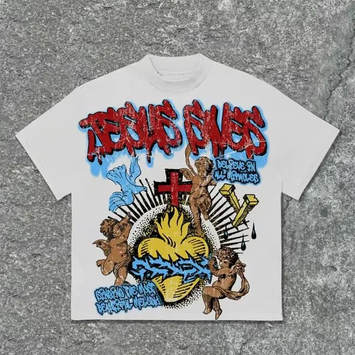 Vintage jésus sauve ange imprimé graphique coton T-Shirt hommes Y2K été manches courtes décontracté surdimensionné