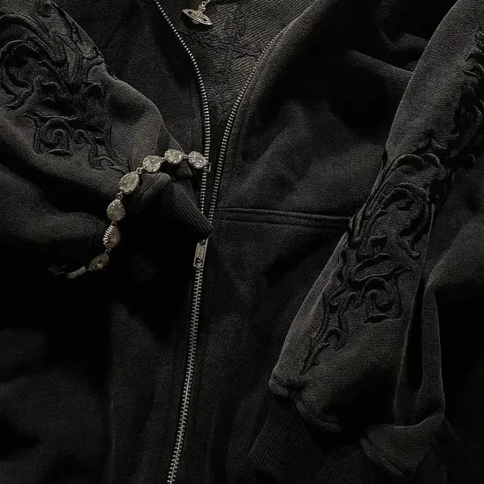 Sweat à capuche zippé brodé Y2K Gothique pour Hommes et Femmes