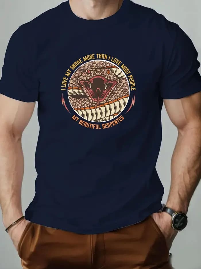 T-Shirt homme 100% coton dessin animé Animal serpent imprimé été surdimensionné col rond respirant décontracté manches