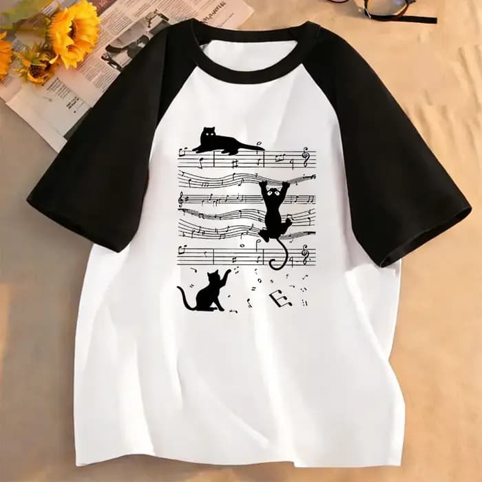 T-shirts Kawaii à la mode avec motif chat musical, T-shirt Manga pour enfants, garçons et filles, ha