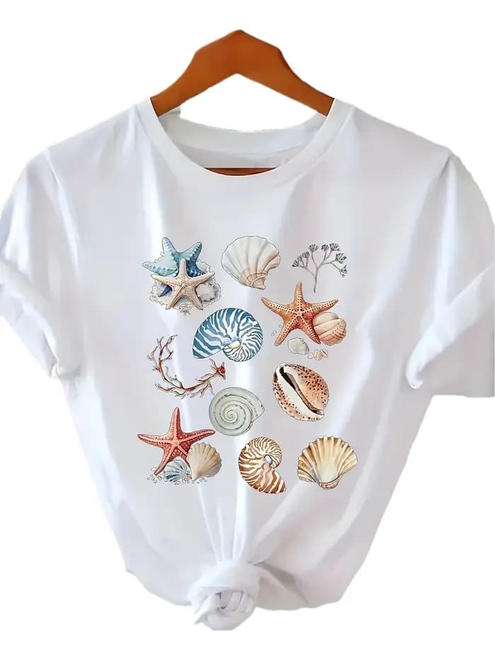 T-shirt décontracté pour femme, beige clair, motif étoile de mer, coquillages et récif corallien, ha
