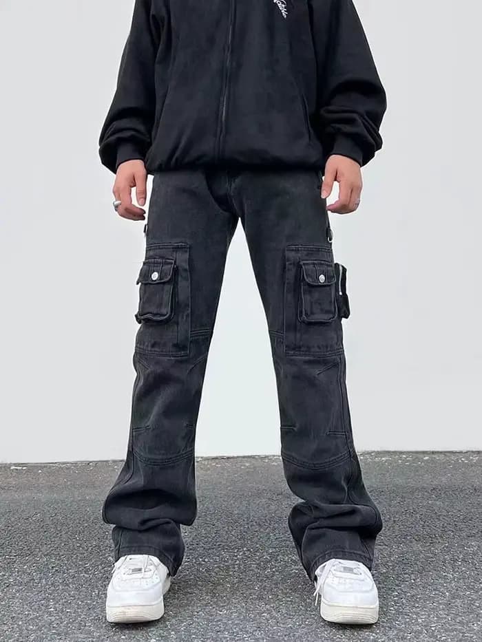 2025 Cyber Y2K Streetwear lavé noir mince Cargo jean Pantalon hommes vêtements Multi poches Hip Hop