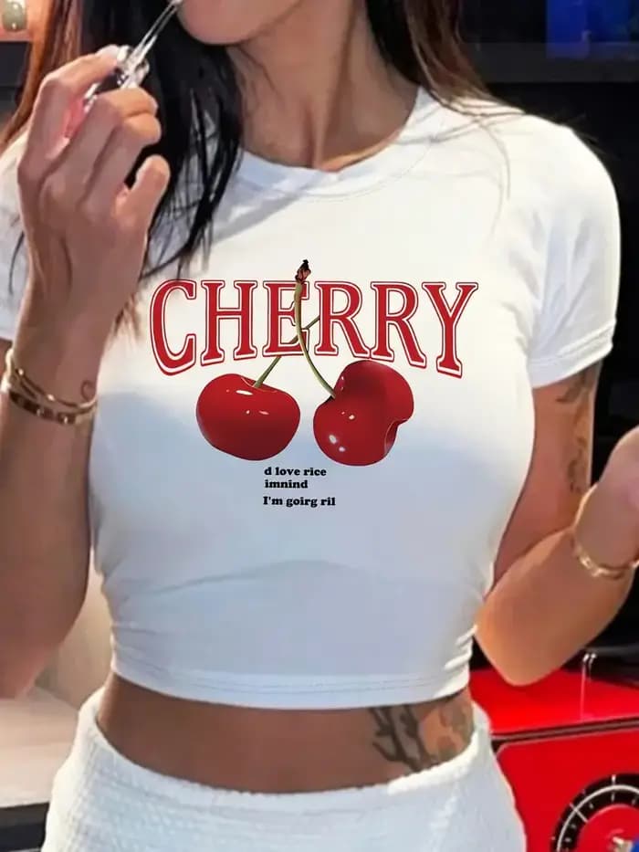 T-shirt col rond imprimé cerise Y2K