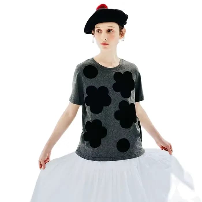 T-shirt col rond manches courtes, tenstein KOKONI, design original, noir, imprimé à pois, gris, haut