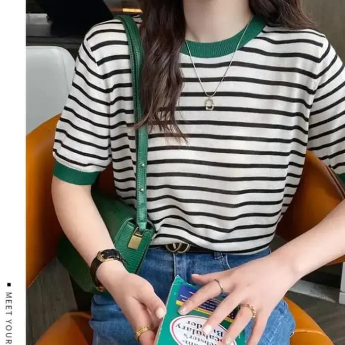 2025 hauts à rayures femmes tricoté col rond été imprimé à manches courtes décontracté Simple sauvage T-Shirt