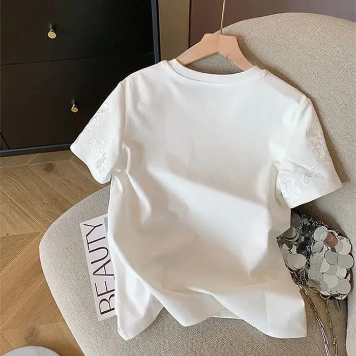T-shirt à manches courtes en coton blanc brodé pour femmes