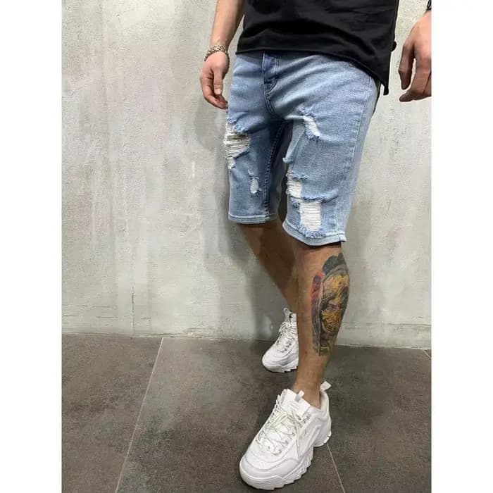 Short en jean déchiré à franges pour hommes