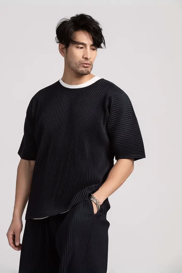Miyake T-Shirt plissé pour hommes vêtements d'été à manches courtes