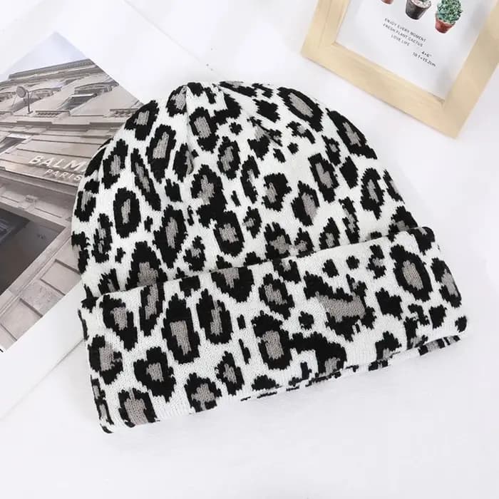 Bonnet tricoté doux imprimé léopard style Y2K