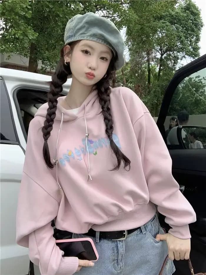 Femme hauts à capuche polaire Emo esthétique essentiel concepteur coréen Streetwear Y2k 2000s Style graphique sweat