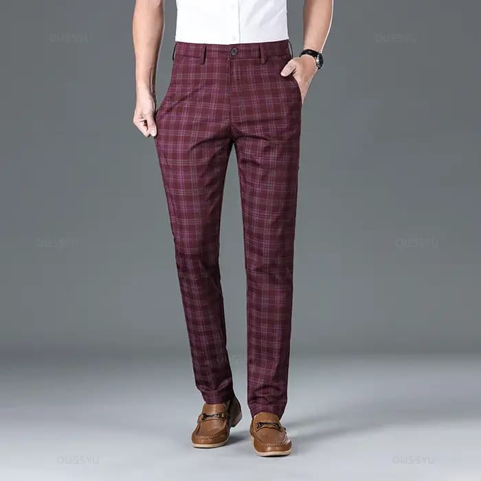 OUSSYU marque vêtements haute qualité pantalons à carreaux hommes classique affaires coton décontracté pleine longueur