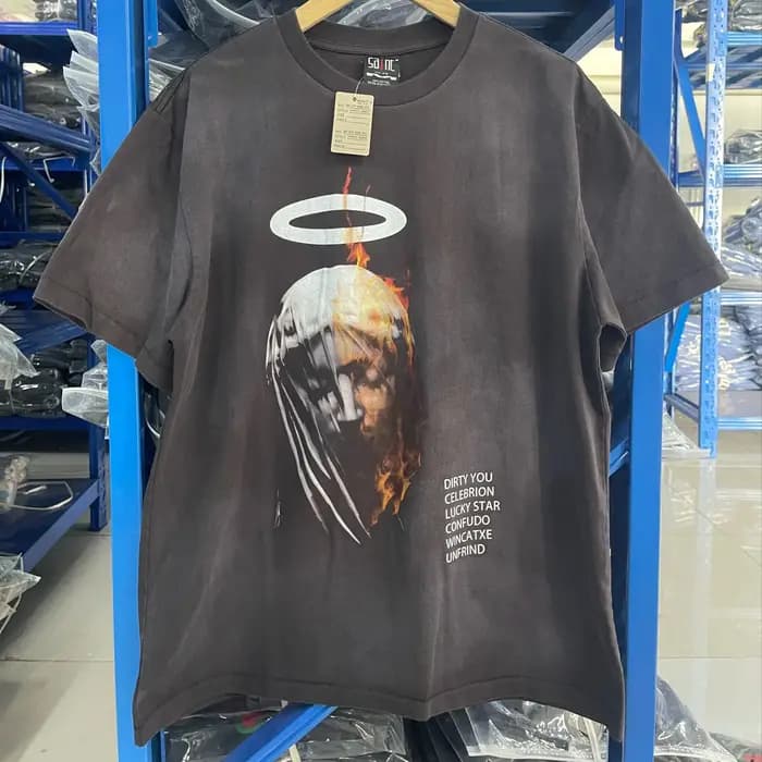 T-shirt manches courtes col rond femme, Vintage, Saint Devil papa, imprimé délavé, japonais, décontr