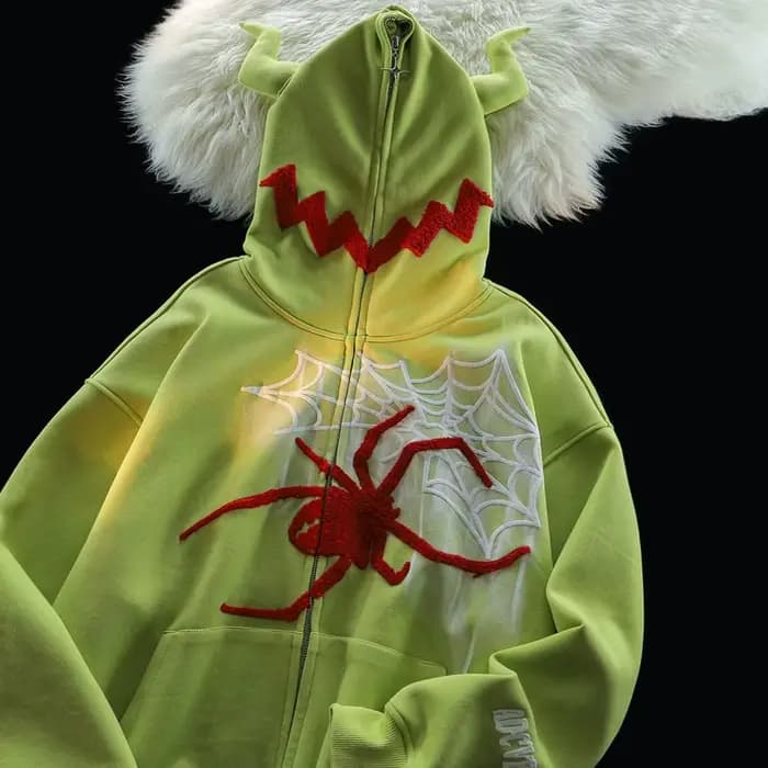 Y2K sweat à capuche zippé Harajuku Hip Hop graphiques brodés cornes du diable