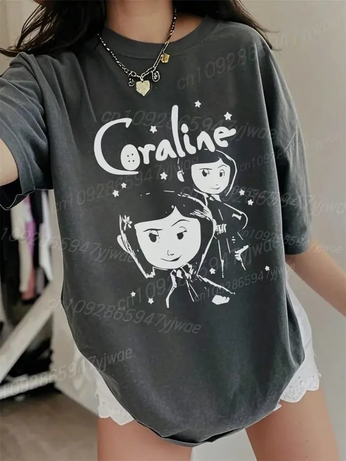 T-Shirt en coton de haute qualité pour femmes Coraline graphique 3d à manches courtes col rond ample et respirant confortable Streetwear haut décontracté