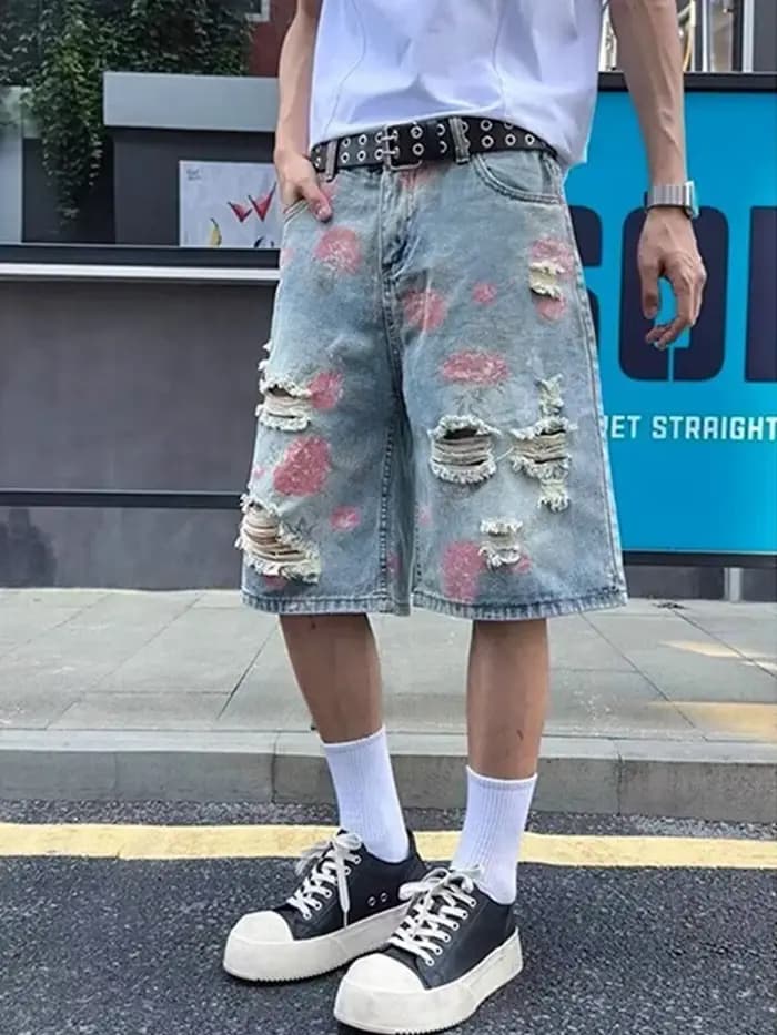 Shorts en jean déchirés et délavés style streetwear américain pour homme