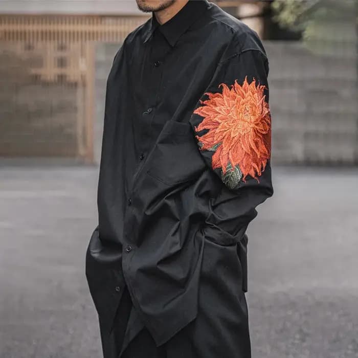 Yamamoto Style chemise à fleurs rouges hommes japonais allongé foncé brodé haut