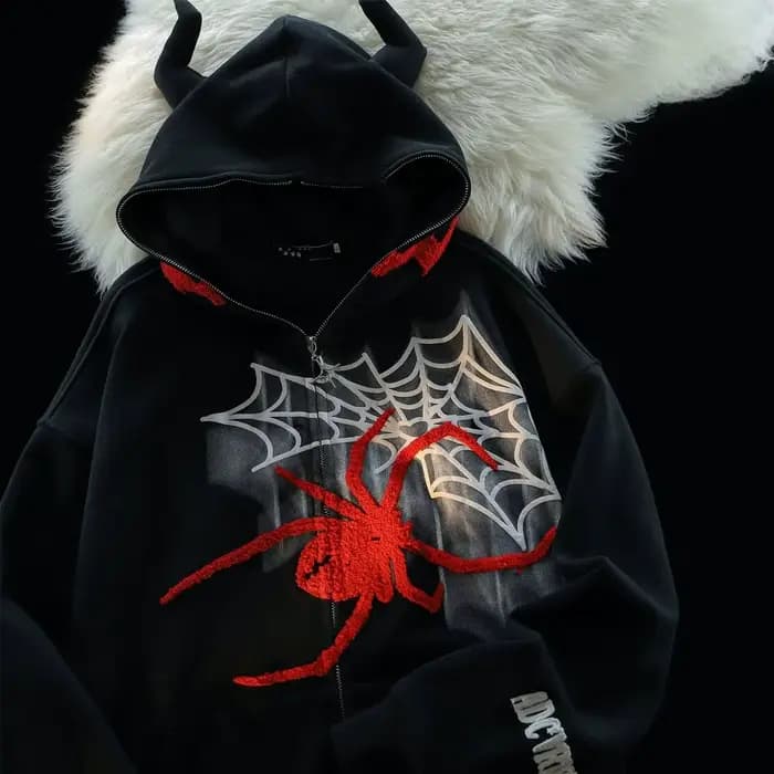 Y2K sweat à capuche zippé Harajuku Hip Hop graphiques brodés cornes du diable