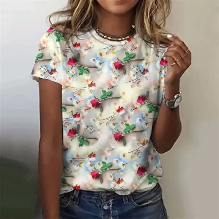T-shirt à Manches Courtes et Col Rond pour Femme