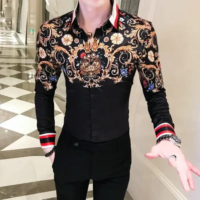 Chemise rétro à manches longues pour hommes, dorée, mode luxe, adaptée aux fêtes, haut à boutons imp