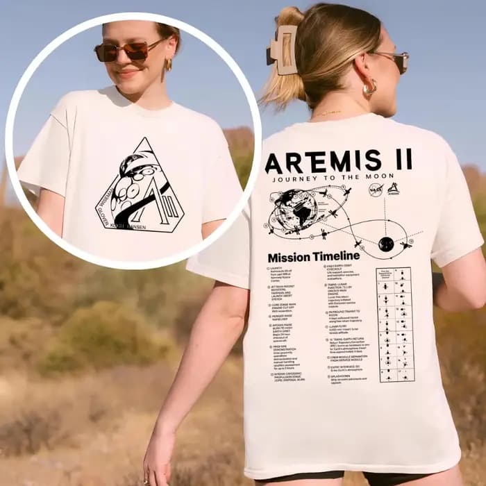 T-shirt spatial avec l'illustration de la chronologie de la mission lunaire Artemis 2